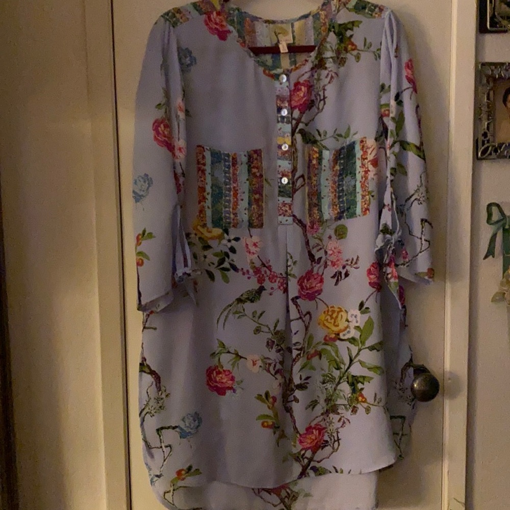 Multi colored dress. 3/4 sleeves with ties.